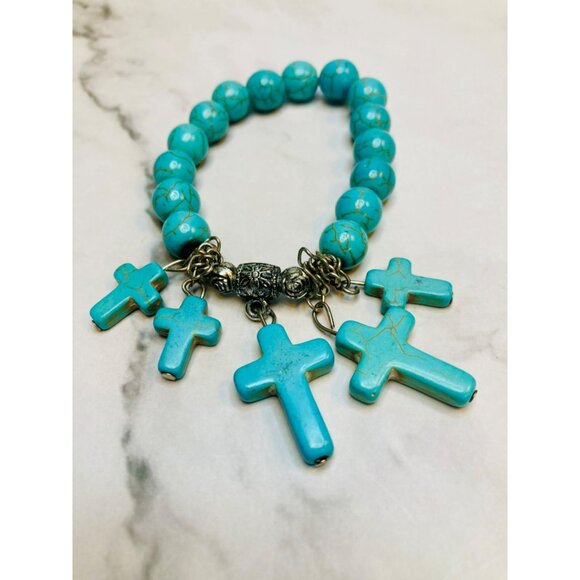 Turquoise Beaded Bracelet Cross Charms Stretch Fit Unique Design-119 - Picture 1 of 2